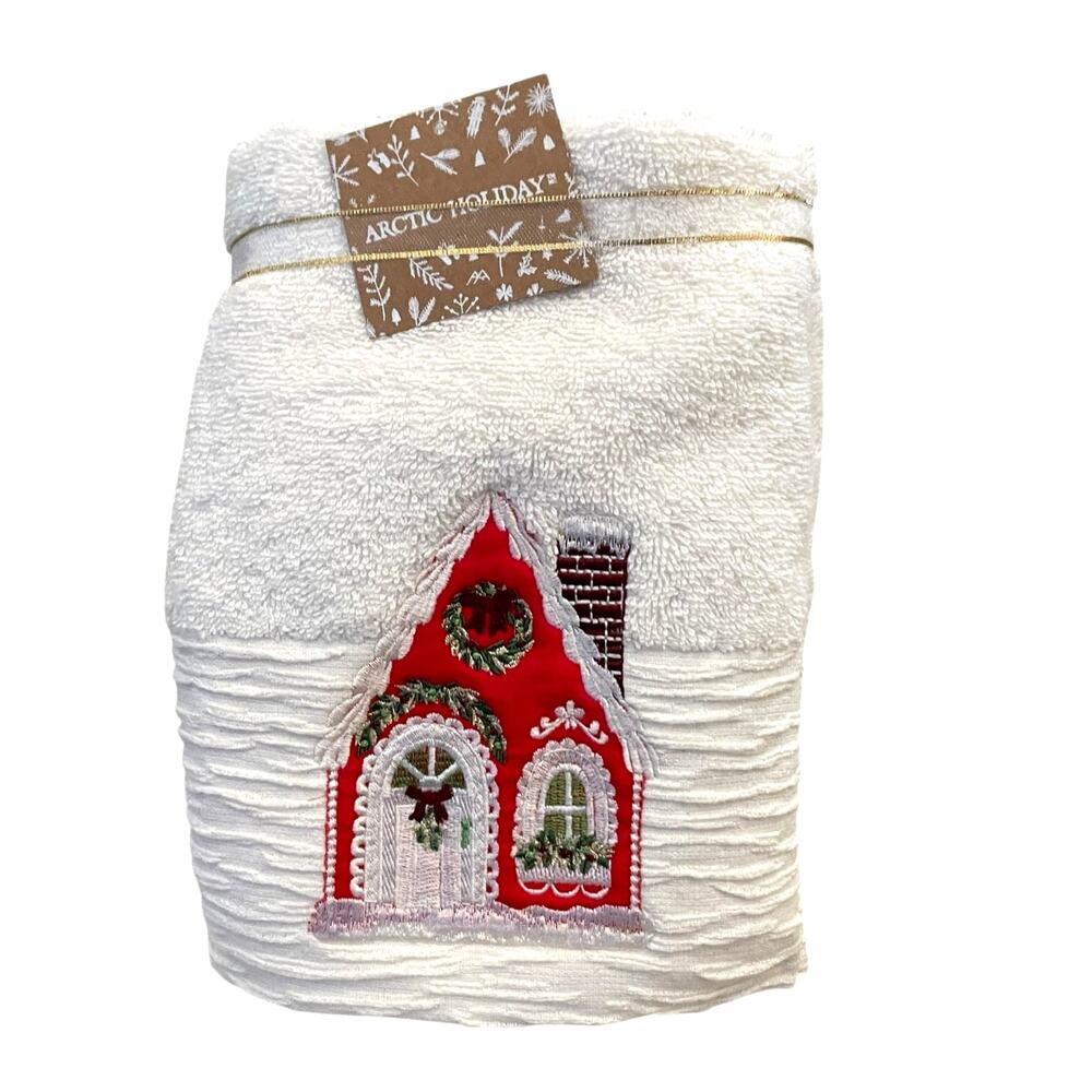 2 Christmas Hand Towels Red Embroidered Gingerbread House 100% Cotton NEW